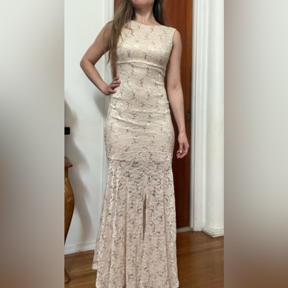 Champagne Tawny Floor Length Mermaid Lace Gown!